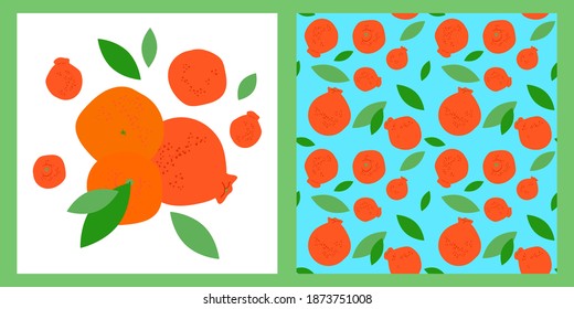 illustration and pattern with Jeju Island Orange Hallabong. Modern abstract design for packaging, paper, cover, fabric, interior decor, souvenirs and clothes