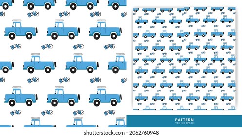 Illustration of Pattern Kids Themes with Blue Color Pick-Up Cars for Driving and Transportation. Pattern for a Boy Theme.
