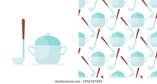 Patrón de ilustración con utensilios de cocina sobre sus cacerolas y cucharas sobre el fondo. 