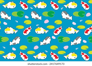 Illustration pattern of koi fish with lotus leaf and petal fall on blue background.