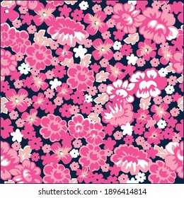 Illustration pattern leaves and flowers in navy background for fashion design or other products