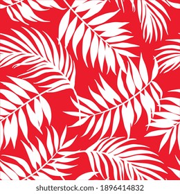Illustration pattern leaves palms in red background for fashion design or other products