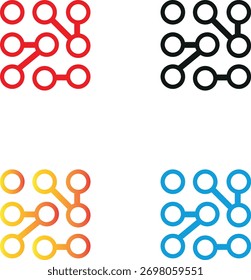 Ilustración de un icono de bloqueo de patrón establecido en cuatro colores diferentes (rojo, negro, degradado, azul). Las líneas conectadas en una cuadrícula de 9 puntos simbolizan la seguridad, la privacidad, el desbloqueo móvil o la protección de datos. 