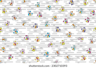 Illustration, pattern of lucky cat on grey clouds background.