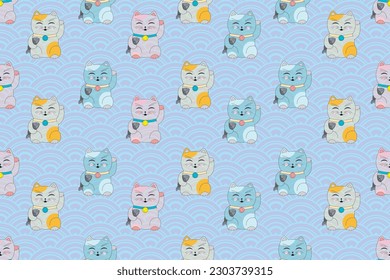 Illustration Pattern of lucky cats on blue wave background.