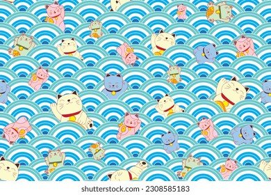 Illustration Pattern of the lucky cats on japan wave background.