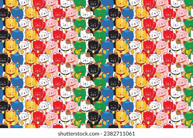 Illustration pattern of the lucky color cats on white background.