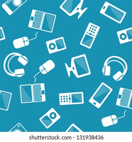 Illustration of a pattern made from computers, mobile phones, headphones, mouses, PC tablets