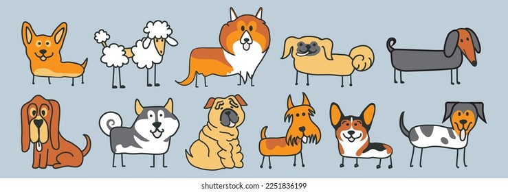 Illustration pattern of many different dog. Vector illustration, Dane, shepherd dog, beagle, bessenger, bichon, welsh corgi.