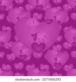 The illustration is a pattern of many pink hearts on a purple background. Each heart contains a cat's face with closed eyes, ears and whiskers, as well as a small heart inside the big one. 