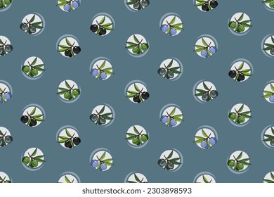 Illustration pattern of Olive fruit with circle on blue background.