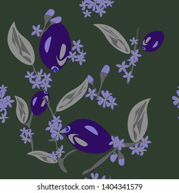 illustration of pattern on green dark background blue plum blossoming branches vector graphic