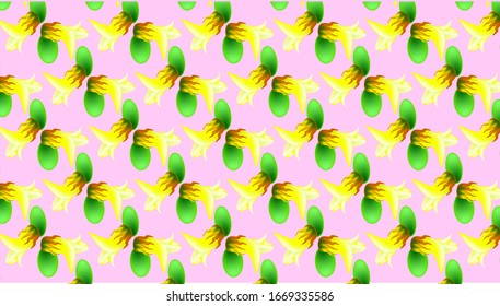 illustration of a pattern, on a pink background, yellow acacia flowers with green leaves