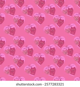 Illustration of a pattern on a pink background consisting of hearts with two kittens inside.