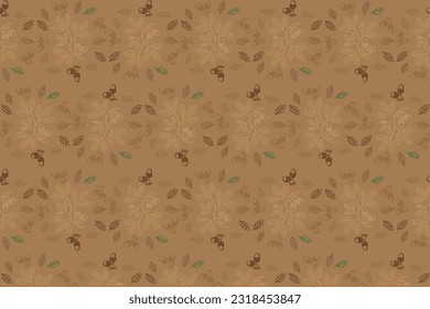 Illustration pattern the out line of acorn and leaves on brown background.
