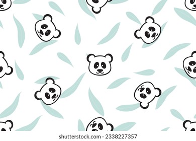 illustration pattern of panda head with bamboo leaves background.