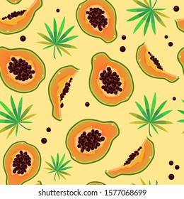 Illustration of pattern of papaya with green leafs set on yellow background