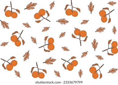 Illustration pattern of persimmon fruit with leaves on empty background.