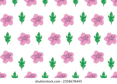 Illustration pattern of pink Chinese Rose flower with leaves on white background.