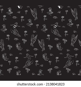 Illustration pattern pinup with palms and black background retro surf design