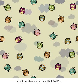Illustration of pattern pixel owls. Vector of pattern pixel colorful owls with clouds.