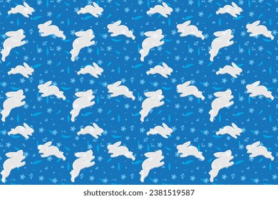 Ilustración, patrón de conejo sobre flor azul y hojas sobre fondo azul.