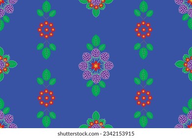 Illustration, pattern of raspberry with flower and leaf on blue background.