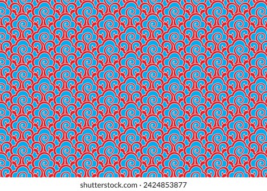 Illustration pattern of the red abd blue Chinese clouds on red  background.