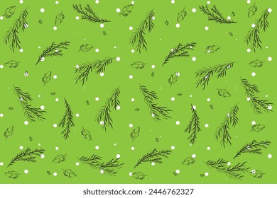 Illustration pattern, Repeating of abstract line of leaves with white circlr on green background.