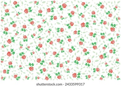Illustration, pattern of rose flower with leaf on white background.