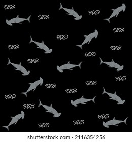 Illustration pattern sharks and waves with two colors and black background surf design