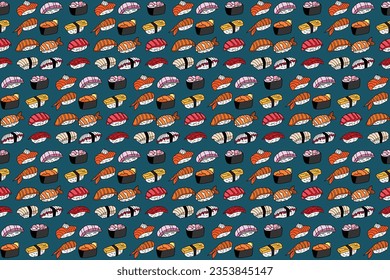 Illustrationsmuster des Shushi auf blauem Hintergrund.