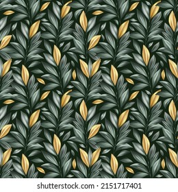 Illustration of pattern from silver and golden leaves with dark background

