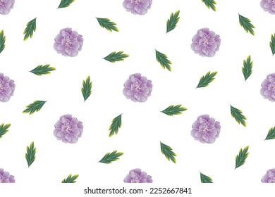 Illustration pattern of soft violet Chinese Rose flower with leaves background.