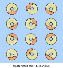 Illustration of pattern tasty donuts with white chocolate glaze and sprinkles. Vector donuts on baby-blue bacground