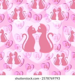 Illustration of a pattern with two pink cats sitting opposite each other and looking into each other's eyes, they symbolize love, affection and harmony.