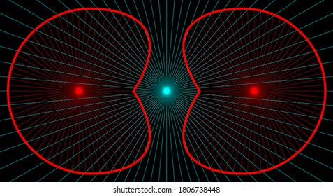 Illustration of a pattern of two red cardioids against a background of groups of blue axis lines.