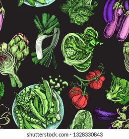 Illustration pattern vegetables - tomato, peas, beans, cabbage, broccoli, onion, lettuce, leek, eggplant, artichoke, vegetables. Background for card menu restaurant. Banner for eco farm shop.