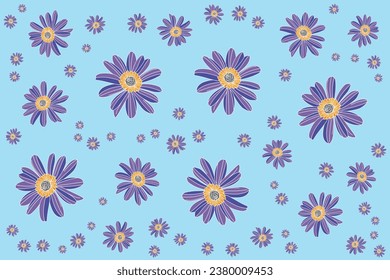 Illustration, Muster der violetten Blume auf weichblauem Hintergrund.