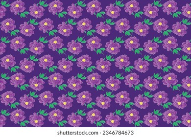 Illustration pattern of the violet peony flower with leaves on dark violet background.