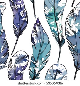 illustration of a pattern with watercolor feathers