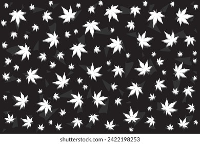 Illustration, pattern of the white maple leaves on black background.