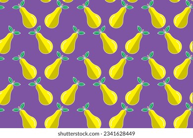 Ilustración, patrón de fruta de pera amarilla con hoja sobre fondo violeta.