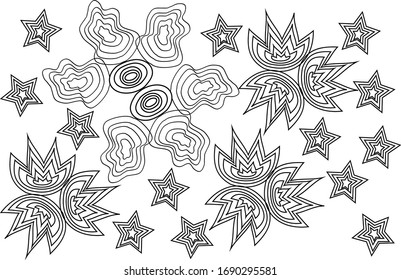 illustration patterned coloring book, flowers, stars on a white background