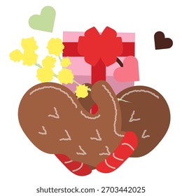 Illustration von gemusterten Fäustlinge halten Geschenkbox mit Mimosen