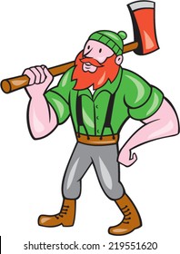 Illustration of a Paul Bunyan an American lumberjack sawyer forest holding an axe on shoulder looking up to side on isolated background done in cartoon style.
