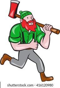 Illustration of a Paul Bunyan an American lumberjack sawyer forest carrying axe on shoulder running thumbs up set on isolated white background done in cartoon style.