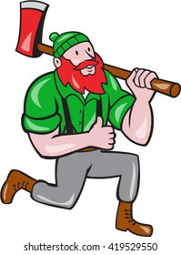 Illustration of a Paul Bunyan an American lumberjack sawyer forest holding an axe on shoulder kneeling with thumbs up set on isolated white background done in cartoon style. 