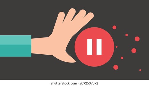 Illustration of a pause button and a man's hand. Vector.