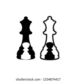 Illustration pawns in the middle of queen chess logo vector silhouette black and white with mono line 